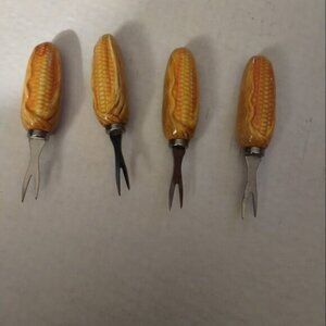 4 Vintage Corn-Themed Corn Cob Holders Stainless Steel & Resin Handles